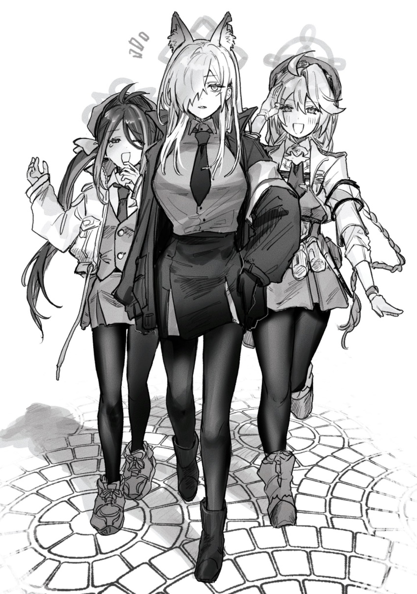 3girls animal_ear_fluff animal_ears antenna_hair armband blue_archive blush boots bow braid breasts buttons cobblestone commentary cropped_jacket epaulettes fubuki_(blue_archive) full_body gloves greyscale hair_bow hair_over_one_eye half-closed_eyes halo hand_to_own_mouth hands_up hat highres jacket kanna_(blue_archive) kirino_(blue_archive) large_breasts layered_skirt long_hair monochrome multicolored_hair multiple_girls necktie notice_lines one_eye_closed open_clothes open_jacket open_mouth pantyhose pencil_skirt police police_hat police_uniform salute shirt_tucked_in shoes short_necktie skirt smile sneakers streaked_hair tearing_up tented_shirt tsuno_(tnngur) twin_braids twintails uniform vest walking watch wristwatch yawning