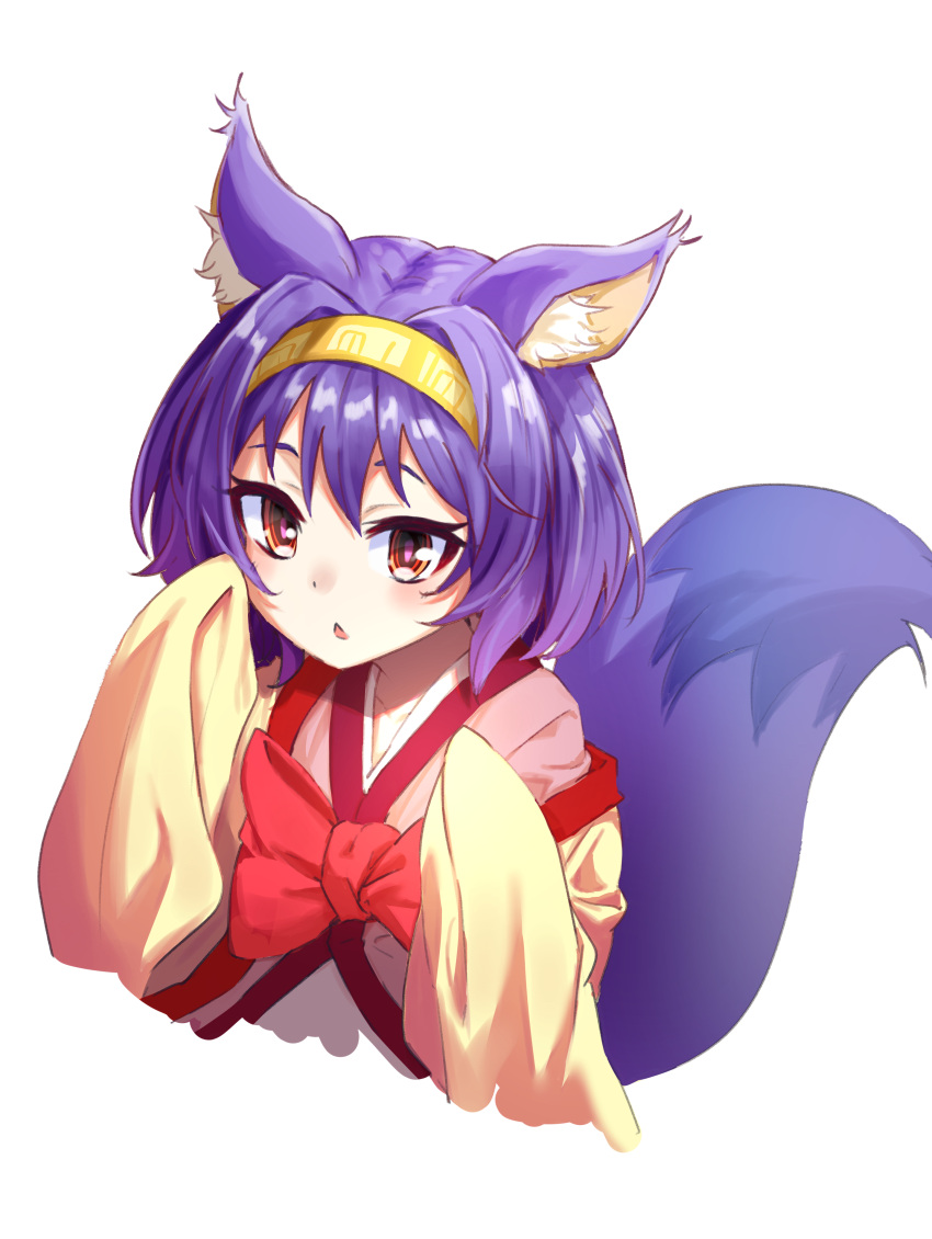 1girl absurdres animal_ear_fluff animal_ears blush commentary_request cropped_torso dot_nose fox_ears fox_tail hair_intakes hairband hands_up hatsuse_izuna highres m.tokotsu no_game_no_life open_mouth purple_hair red_eyes robe simple_background sleeves_past_fingers sleeves_past_wrists solo tail upper_body white_background white_robe