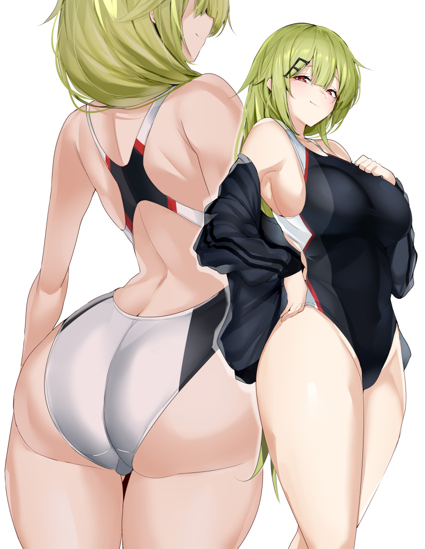 1girl absurdres alternate_costume arched_back ass back_cutout bare_arms bare_shoulders black_jacket black_one-piece_swimsuit blush breasts closed_mouth clothing_cutout commission competition_swimsuit criss-cross_back-straps from_behind girls'_frontline green_eyes grey_headwear groin hair_ornament hairclip highleg highleg_swimsuit highres impossible_clothes impossible_swimsuit jacket large_breasts long_hair long_sleeves looking_at_viewer maruyaa_(malya1006) median_furrow mk48_(girls'_frontline) multiple_views off_shoulder one-piece_swimsuit open_clothes open_jacket red_eyes simple_background skeb_commission smile swimsuit taut_clothes taut_swimsuit thighs track_jacket trefoil two-tone_one-piece_swimsuit white_background white_one-piece_swimsuit