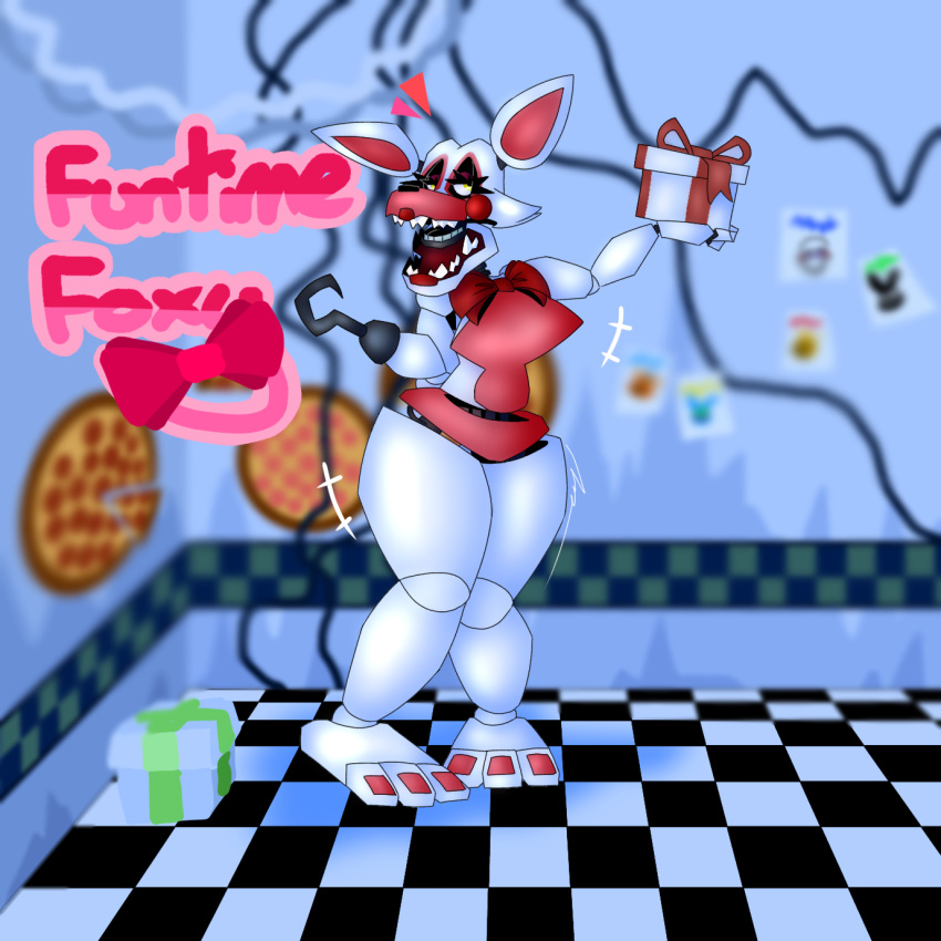 animatronic big_breasts bow_tie breasts canid canine female five_nights_at_freddy's five_nights_at_freddy's_2 fox funtime_foxy_(fnaf) gift hi_res hook hook_hand humanoid machine mammal passiona_roo robot scottgames sharp_teeth solo taller_female teeth thick_thighs wide_hips