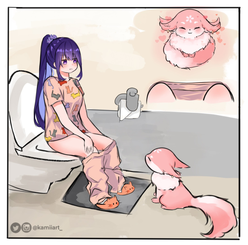 2girls animal_print animal_slippers blush closed_eyes fox genshin_impact heart highres instagram_logo kamiiart long_hair mole mole_under_eye multiple_girls purple_eyes raiden_shogun slippers toilet twitter_username yae_miko yae_miko_(fox) yuri