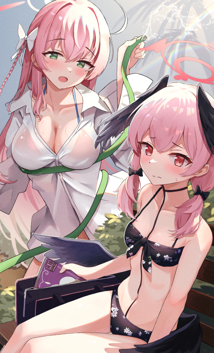 2girls bikini bikini_top_only bikini_under_clothes black_bag black_bikini black_bow black_wings blue_archive blush book bow braid breasts cleavage closed_mouth collarbone commentary feathered_wings floral_print front-tie_bikini_top front-tie_top green_eyes hair_bow halo hanako_(blue_archive) hanako_(swimsuit)_(blue_archive) head_tilt head_wings highres holding holding_book holding_hose hose kuroliu_9021 large_breasts long_hair looking_at_viewer low_twintails low_wings multiple_girls official_alternate_costume on_chair open_mouth oversized_clothes oversized_shirt partially_unbuttoned pink_bikini pink_hair pink_halo print_bikini red_eyes see-through see-through_shirt shirt sitting small_breasts smile standing sweat swimsuit tattoo twintails very_long_hair wet wet_clothes wet_shirt white_bow white_shirt wings