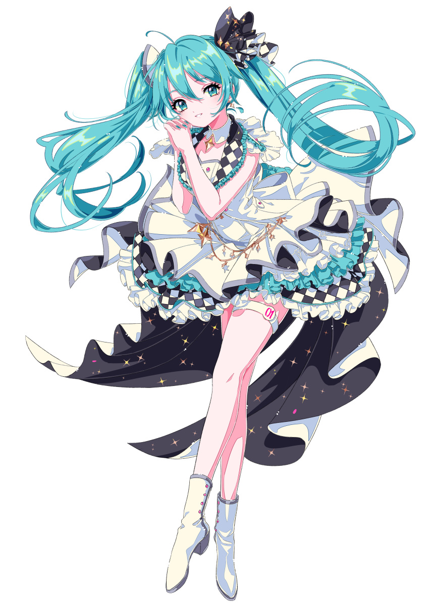 1girl absurdres aqua_hair blue_eyes blush boots bow breasts checkered_bow checkered_clothes checkered_vest dress earrings frilled_dress frilled_vest frills full_body grin hair_between_eyes hair_bow hair_ornament hands_up hatsune_miku high_heel_boots high_heels highres jewelry kisumi_rei layered_dress long_hair looking_at_viewer more_more_jump!_miku original own_hands_clasped own_hands_together paperclip parted_lips project_sekai raised_eyebrows ribbon shirt sidelocks silver_trim simple_background skirt small_breasts smile solo sparkle_earrings sparkle_hair_ornament splatter_print star_cutout teeth thigh_strap twintails upper_body very_long_hair vest vocaloid white_background white_dress white_footwear