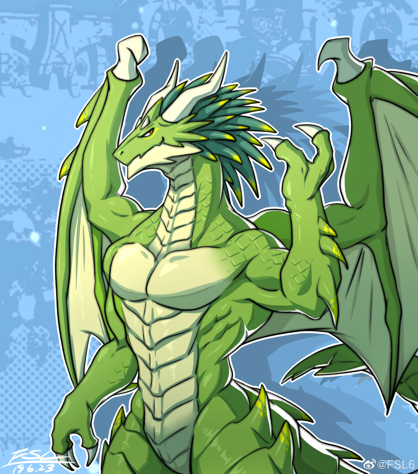 2019 absurd_res amber_eyes anthro arm_spikes belly_scales cygames dated digital_media_(artwork) dragalia_lost dragon fansl green_body green_hair green_scales hair hi_res horn male membrane_(anatomy) membranous_wings midgardsormr_(dragalia_lost) muscular muscular_arms muscular_male nintendo pecs pseudo_hair raised_arm scales scalie signature solo spikes spikes_(anatomy) standing weibo weibo_logo white_body white_horn white_scales wings