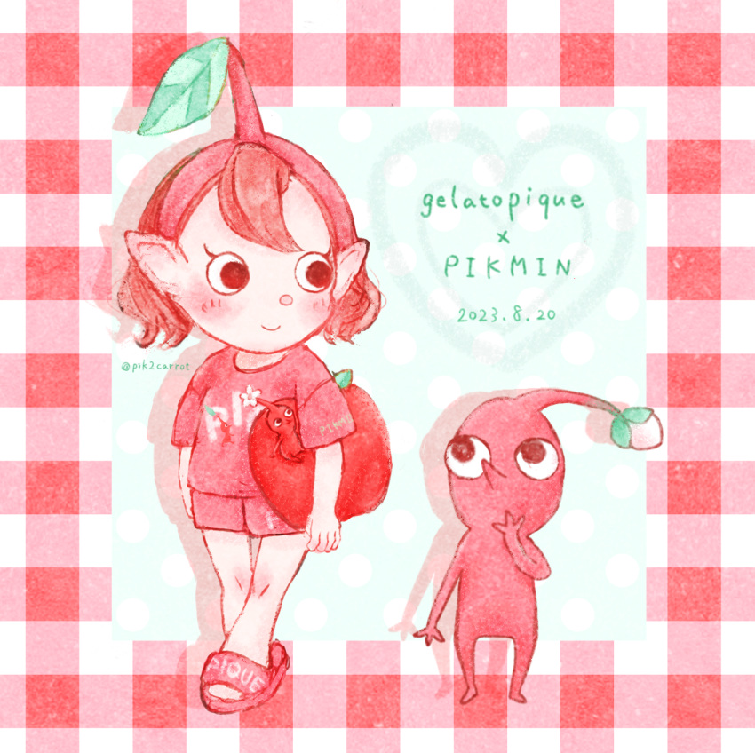 1girl alien alternate_costume apple black_eyes border colored_skin commentary_request dated english_text eyelashes flower food fruit hairband hand_on_own_chin highres holding holding_food holding_fruit kotorihiiragi leaf looking_at_another no_mouth pikmin_(creature) pikmin_(series) pikmin_4 plaid_border pointy_ears pointy_nose protagonist_(pikmin_4) red_border red_footwear red_hair red_hairband red_pikmin red_shirt red_shorts red_skin red_theme sandals shadow shirt short_hair short_sleeves shorts t-shirt twitter_username white_background white_flower