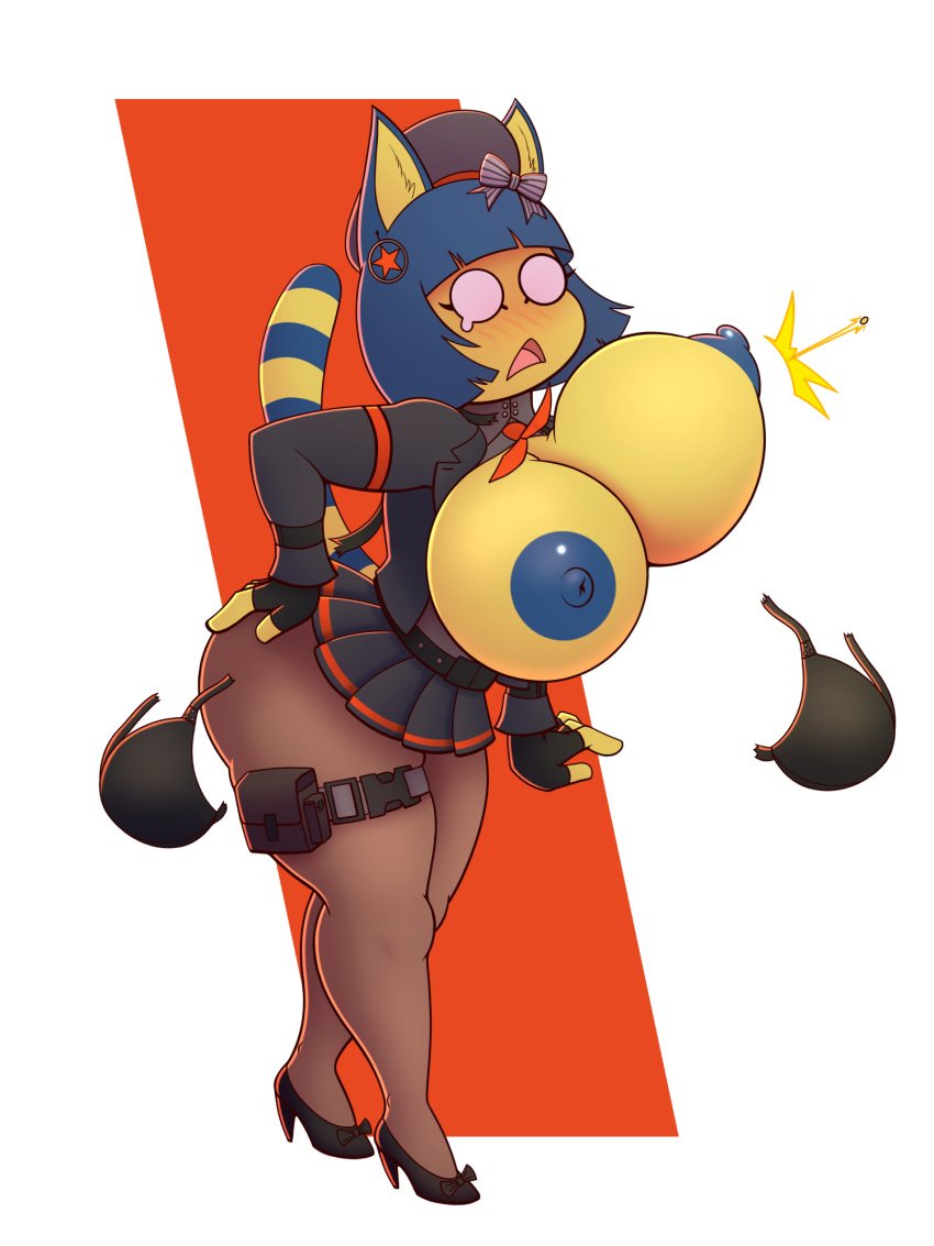 animal_crossing ankha_(animal_crossing) anthro areola big_breasts blush blush_lines bottomwear breasts clothed clothing dress exposed_breasts felid feline female footwear gloves goddess_of_victory:_nikke hand_on_butt handwear hi_res high_heels legwear mammal nintendo nipples raki_boi shocked shocked_expression skirt solo stockings wardrobe_malfunction