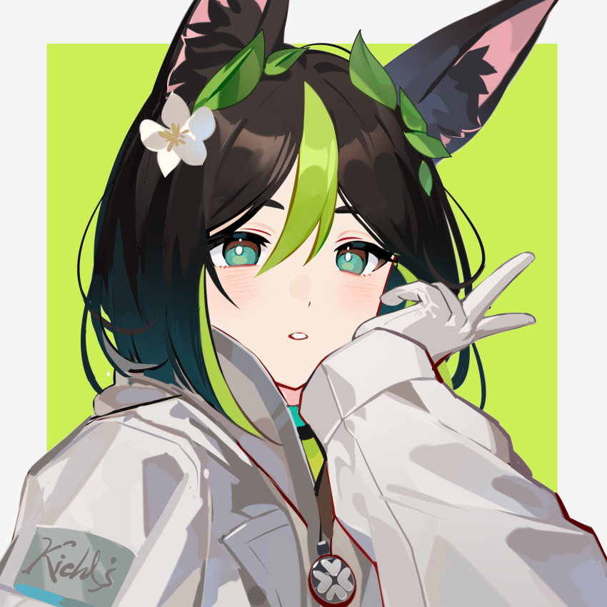 1boy absurdres animal_ears black_hair blush border coat flower fox_boy fox_ears genshin_impact gloves green_background green_eyes hair_flower hair_ornament highres leaf leaf_on_head looking_at_viewer lower_string male_focus multicolored_hair open_mouth simple_background solo tighnari_(genshin_impact) tighnari_(kiehls')_(genshin_impact) white_border white_coat white_flower white_gloves