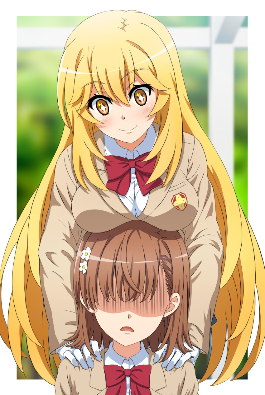 +_+ 2girls blazer blonde_hair blurry blurry_background bow bowtie breast_rest breasts breasts_on_head brown_hair brown_jacket collared_shirt commentary_request gloves hair_behind_ear hair_between_eyes hair_ornament hairpin hands_on_another's_shoulders highres jacket large_breasts long_hair looking_at_another looking_down medium_hair misaka_mikoto multiple_girls nonoa-cg partial_commentary red_bow red_bowtie school_emblem school_uniform shaded_face shirt shokuhou_misaki smile sparkling_eyes toaru_kagaku_no_railgun toaru_majutsu_no_index tokiwadai_school_uniform white_gloves white_shirt winter_uniform yellow_eyes