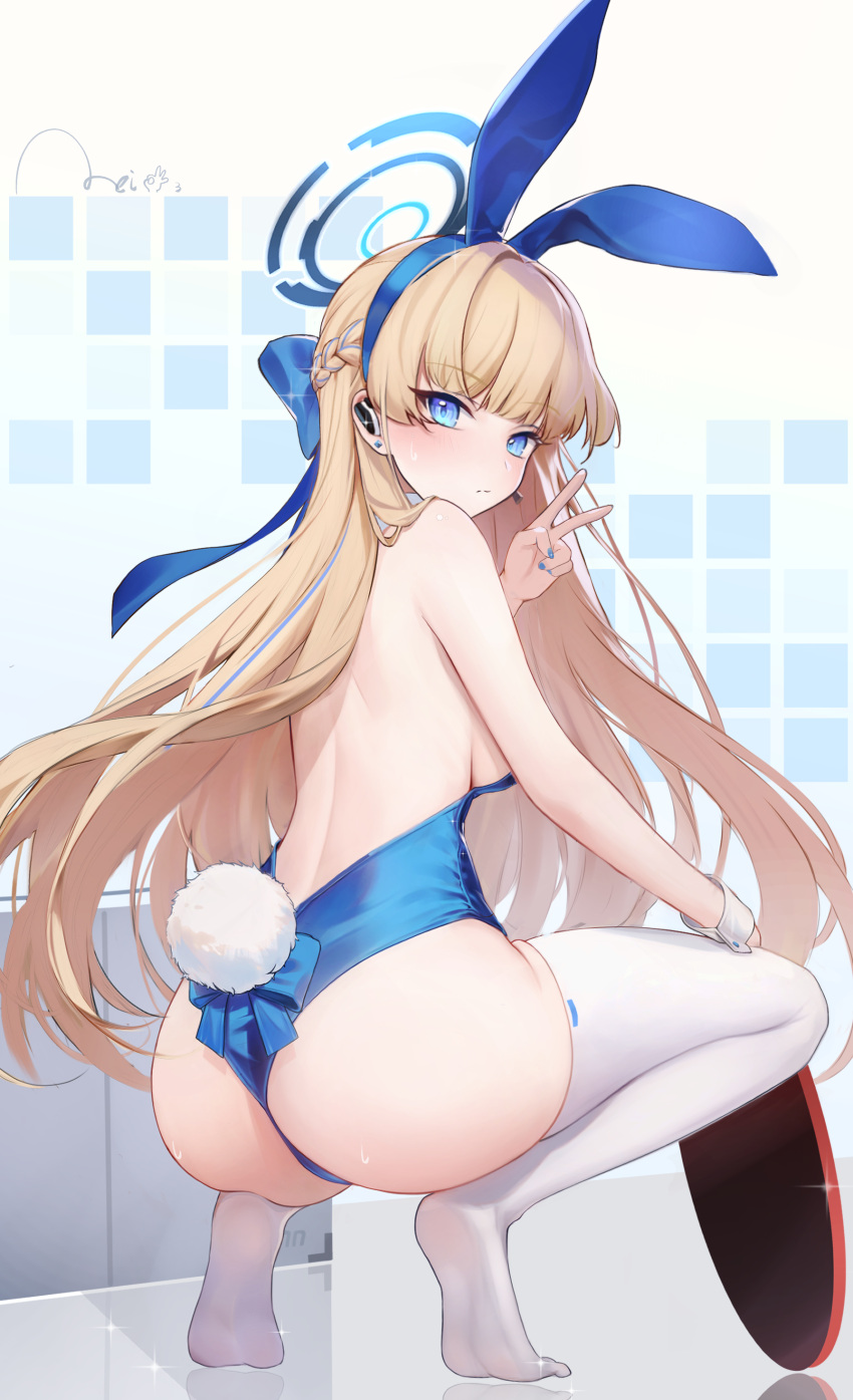 1girl absurdres animal_ears ass back backless_leotard bare_shoulders blonde_hair blue_archive blue_bow blue_eyes blue_hairband blue_leotard blue_nails bow braid breasts detached_collar earpiece earrings fake_animal_ears from_behind full_body hairband highleg highleg_leotard highres jewelry leotard long_hair looking_back medium_breasts meisansan no_shoes official_alternate_costume official_alternate_hairstyle playboy_bunny rabbit_ears rabbit_tail solo squatting stud_earrings tail thighhighs thighs tiptoes toki_(blue_archive) toki_(bunny)_(blue_archive) tray v very_long_hair white_thighhighs wrist_cuffs