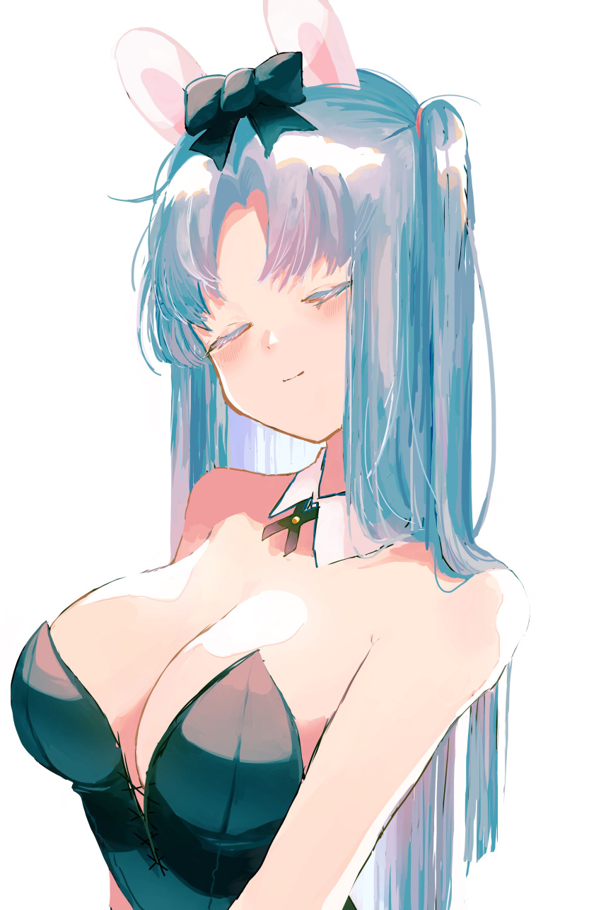 1girl absurdres angela_(project_moon) animal_ears black_bow black_leotard blue_hair bow breasts cleavage closed_eyes closed_mouth cross_tie detached_collar em3ang hair_bow highres large_breasts leotard lobotomy_corporation long_hair one_side_up parted_bangs project_moon rabbit_ears simple_background solo upper_body very_long_hair white_background
