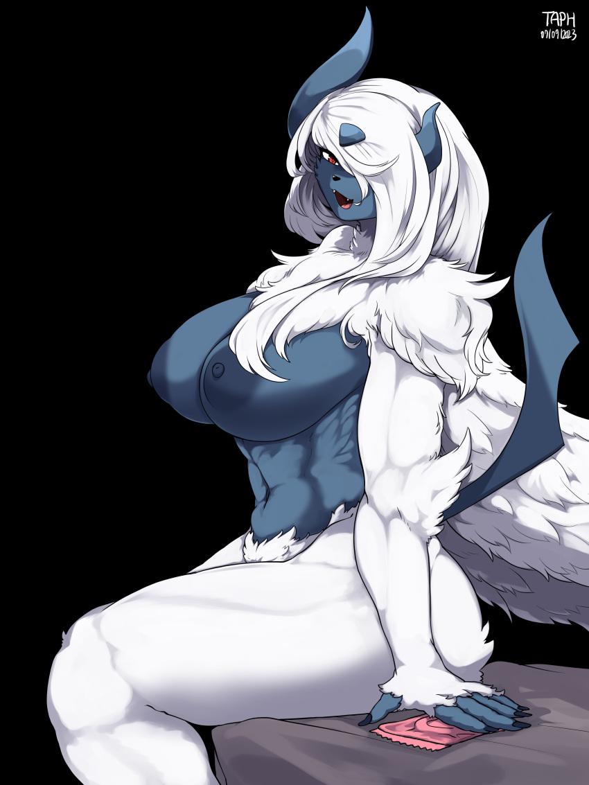 absurd_res anthro big_breasts breasts female fur hair hair_over_eye hi_res mega_absol mega_evolution nintendo nipples one_eye_obstructed pokemon pokemon_(species) solo taphris white_body white_fur