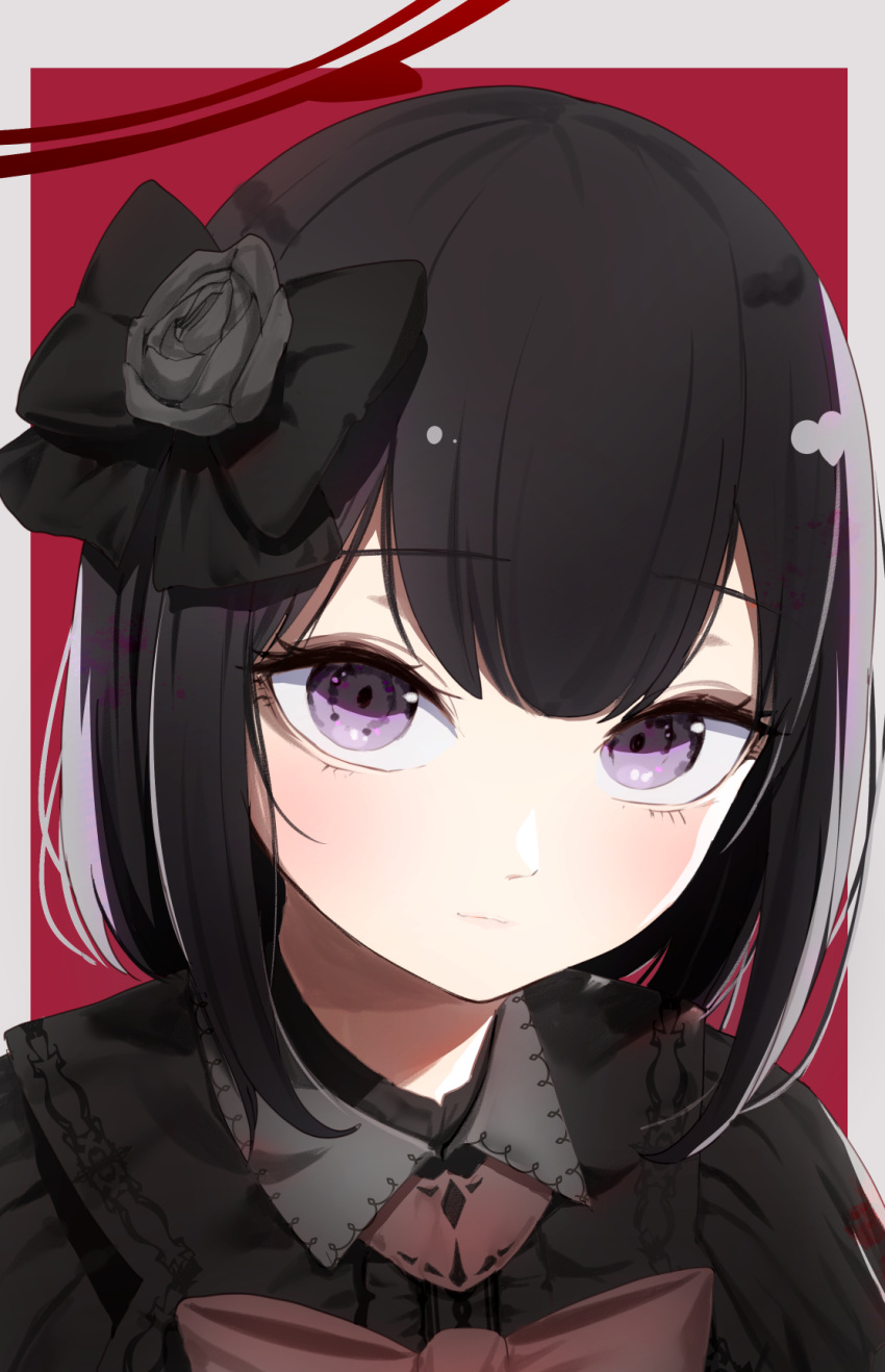 1girl alternate_costume black_bow black_dress black_hair blue_archive blush bow closed_mouth dress gothic_lolita hair_bow halo highres lolita_fashion looking_at_viewer mashiro_(blue_archive) morotake portrait purple_eyes red_halo short_hair solo