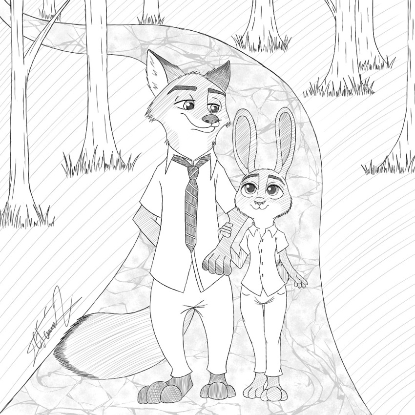 anthro canid canine disney duo female fox hatakeclarissarts inktober judy_hopps lagomorph leporid male male/female mammal nick_wilde rabbit zootopia