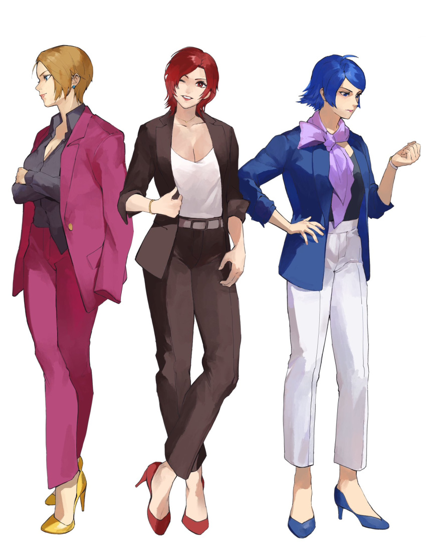 3girls alternate_costume blonde_hair blue_hair bracelet breasts earrings elisabeth_blanctorche formal highres jacket jacket_on_shoulders jewelry king_(snk) large_breasts lips lipstick looking_at_viewer makeup mature_female multiple_girls oni_gini open_clothes open_jacket pants red_eyes red_hair shirt short_hair smile the_king_of_fighters vanessa_(kof)