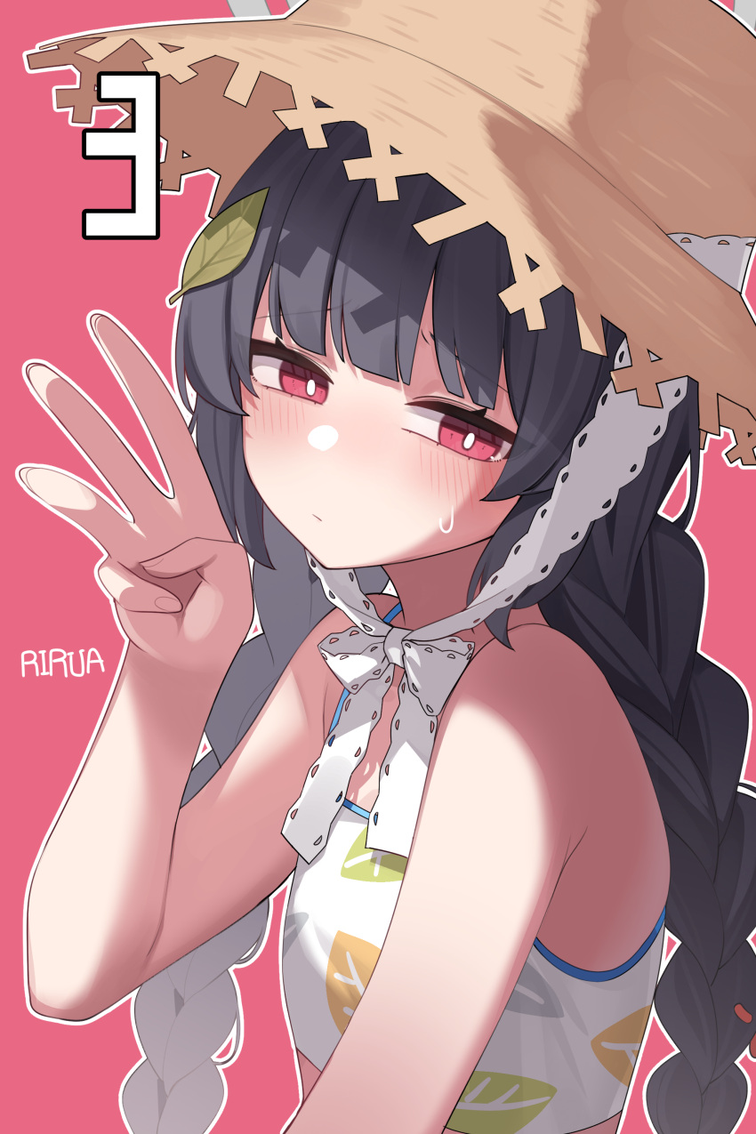1girl absurdres averting_eyes bikini black_hair blue_archive blush braid bright_pupils hat highres leaf leaf_on_head leaf_print lira long_hair miyu_(blue_archive) miyu_(swimsuit)_(blue_archive) numbered official_alternate_costume outline red_background red_eyes simple_background solo straw_hat sweatdrop swimsuit twin_braids upper_body very_long_hair w white_bikini white_outline