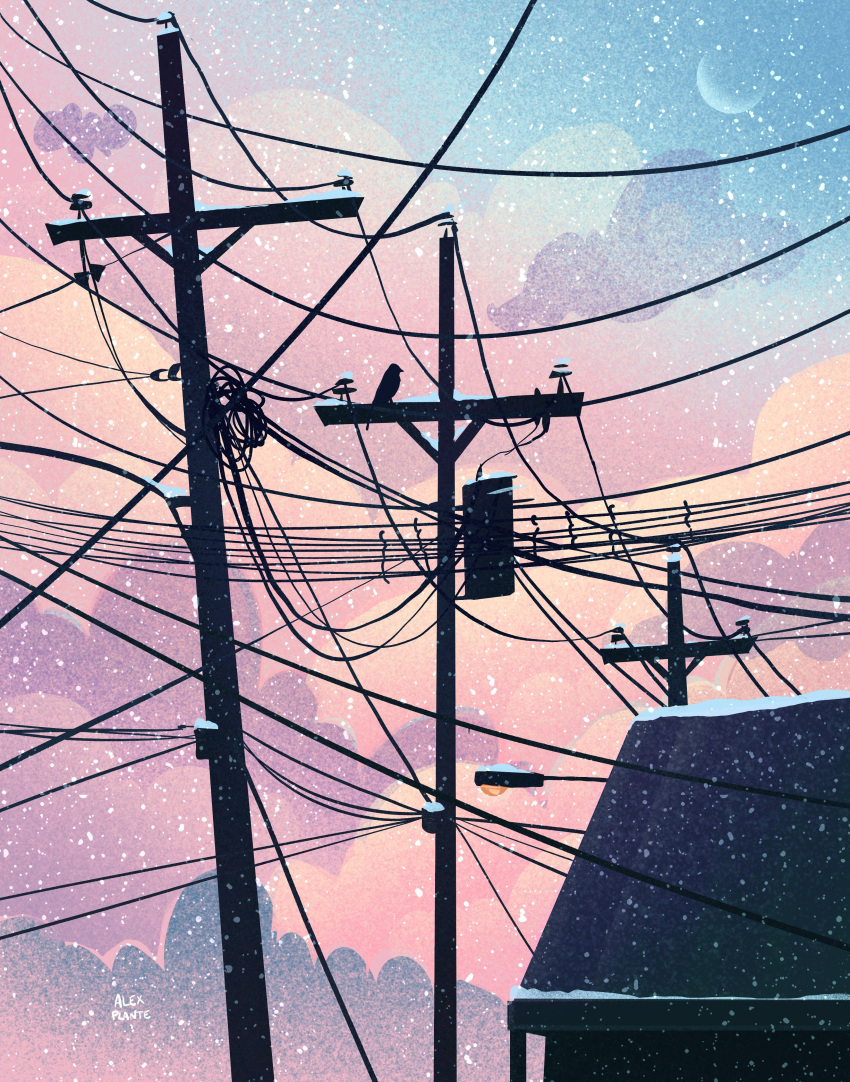 absurdres alex_plante artist_name bird building cloud commentary english_commentary gradient_theme highres lamppost moon no_humans original outdoors power_lines procreate_(medium) scenery snow sunset utility_pole