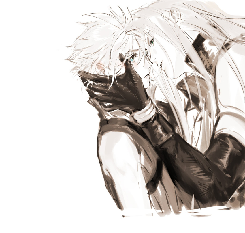 2boys after_kiss armor black_gloves blue_eyes blush bracer chest_harness cloud_strife ear_blush expressionless final_fantasy final_fantasy_vii gloves green_eyes harness high_collar highres light_smile long_bangs long_hair long_sleeves lydiaaa male_focus messy_hair monochrome multiple_boys partially_colored pauldrons saliva saliva_trail sephiroth short_hair shoulder_armor sleeveless sleeveless_turtleneck slit_pupils smile standing turtleneck white_background yaoi