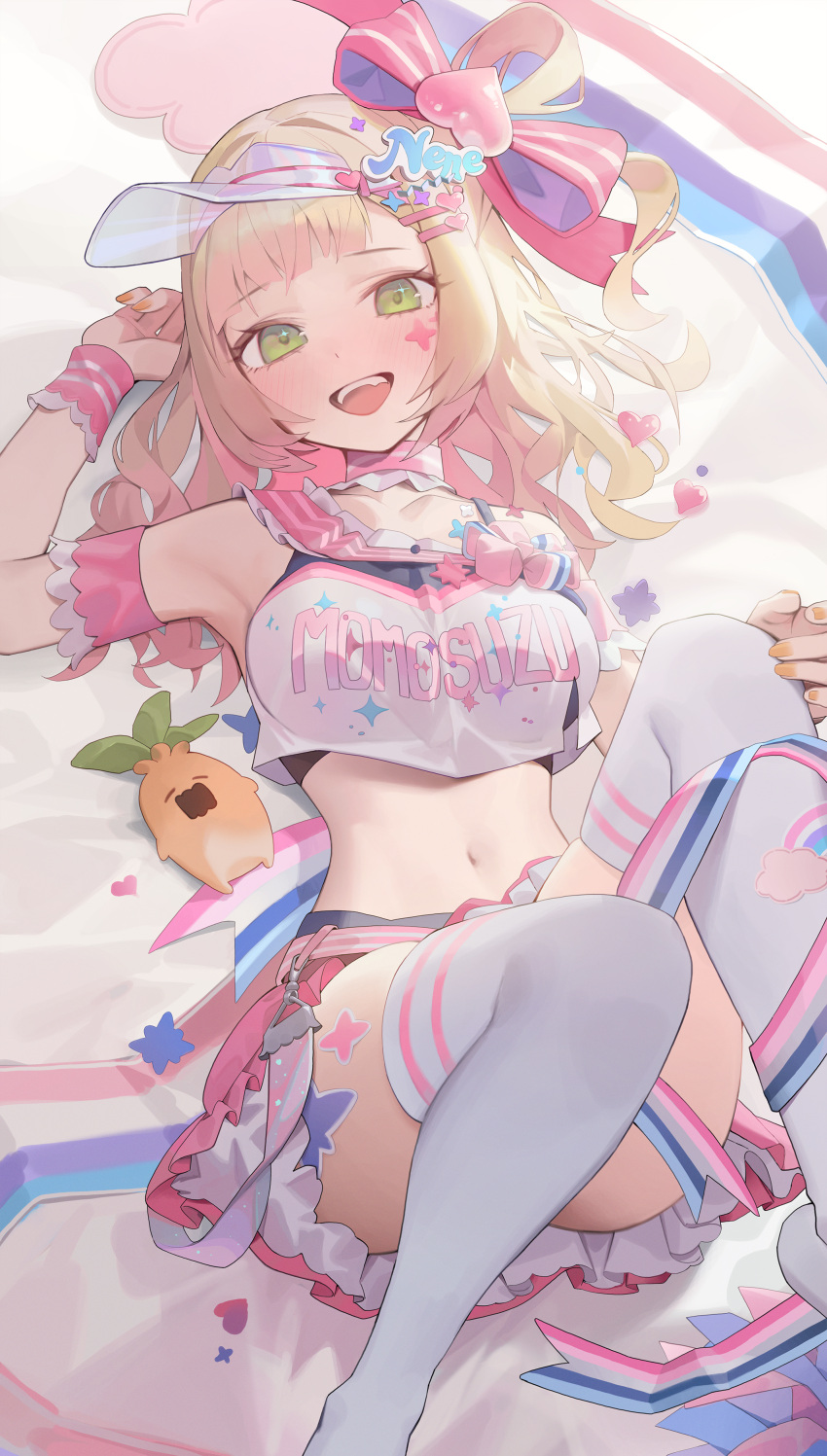 1girl absurdres armpits blonde_hair blush bow bowtie breasts brown_bow brown_bowtie cheerleader crop_top cutout_above_navel green_eyes hair_ornament highres holofive hololive large_breasts long_hair looking_at_viewer lser116 midriff miniskirt momosuzu_nene multicolored_bow multicolored_bowtie navel open_mouth peach_ornament pleated_skirt shoes skirt smile sneakers solo star_sticker sticker_on_face thighhighs white_skirt white_thighhighs