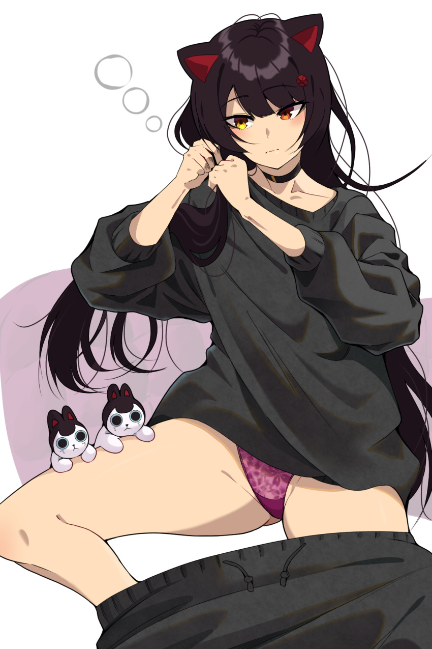 1girl animal_ears black_choker black_pants black_sweater blush brown_hair casual choker circle collarbone cushion dog_ears dog_girl expressionless feet_out_of_frame floral_print flower groin hair_flower hair_ornament heterochromia highres inui_toko long_hair loose_hair_strand nijisanji panties pants partially_undressed purple_panties red_eyes shunga_(shun608) simple_background sitting sleeves_past_elbows solo straight-on straight_hair sweater sweatpants thighs tying_hair underwear very_long_hair virtual_youtuber white_background yellow_eyes