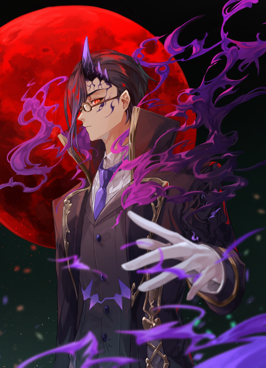 1boy absurdres aura black_hair butler closed_mouth commission crescent_(cgcrescent) facial_mark formal full_moon glasses gloves glowing glowing_eyes hameln_(sinoalice) highres horns looking_at_viewer male_focus moon multicolored_hair night night_sky outstretched_hand purple_hair red_moon serious sinoalice sky solo two-tone_hair vest white_gloves