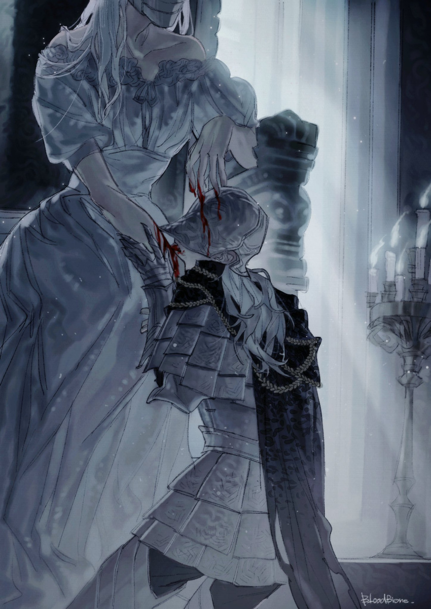 1boy 1girl annalise_queen_of_the_vilebloods armor armored_boots artist_name bare_shoulders black_cape blood bloodborne bloody_crow_of_cainhurst boots breastplate candle cape collarbone dress grey_hair hands_up helm helmet highres la_bo_chu_shi long_hair short_sleeves white_dress window
