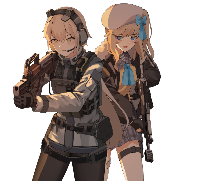 2girls absurdres aiming assault_rifle beret black_pantyhose blonde_hair blue_eyes blue_ribbon bullpup commentary counter-strike_(series) counter_strike:_global_offensive cowboy_shot english_commentary frown fur_collar gar32 gauze girls'_frontline girls'_frontline_2:_exilium gloves gun hair_between_eyes hat headset highres holding holding_gun holding_weapon load_bearing_vest long_sleeves looking_away magazine_(weapon) multiple_girls muzzle_brake neck_ribbon one_side_up open_mouth ots-14 ots-14_(girls'_frontline) pantyhose parody plaid plaid_skirt plate_carrier ribbon rifle sailor_collar shirt short_hair shotgun side_ponytail skirt smoke_grenade standing striped striped_shirt tactical_clothes thigh_pouch vepley_(girls'_frontline_2) vepr-12 vertical_foregrip vest weapon white_background white_headwear yellow_eyes yellow_vest