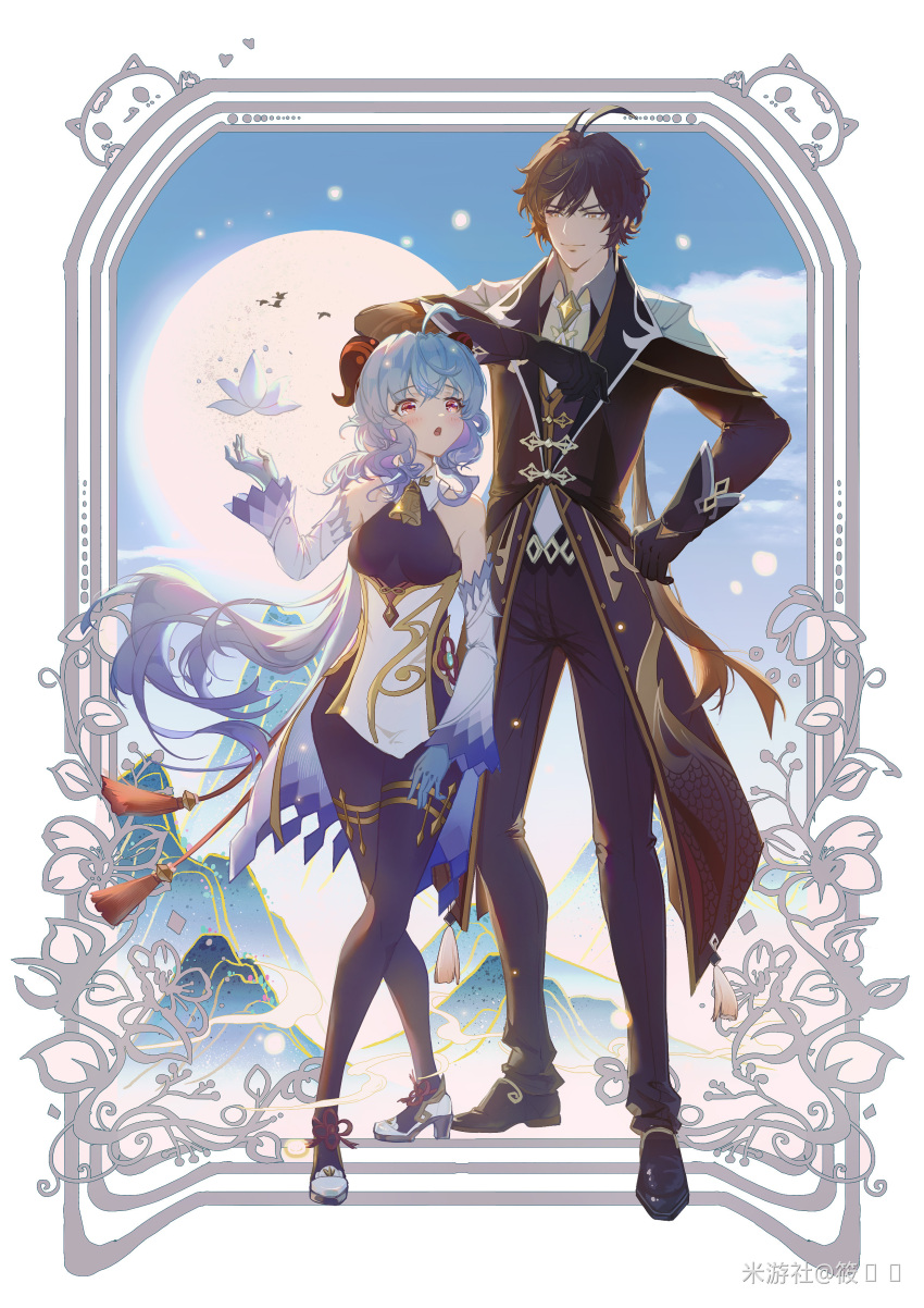 1boy 1girl :o absurdres ahoge arm_on_head bare_shoulders bell bird black_gloves black_hair blue_hair blush bodystocking breasts brown_hair check_translation chinese_knot cloud coattails cowbell detached_sleeves earrings flower formal full_body ganyu_(genshin_impact) genshin_impact gloves goat_horns gradient_hair hair_between_eyes hand_on_own_hip hand_up heart height_difference highres horns jacket jewelry long_hair long_sleeves lotus medium_breasts moon mountain multicolored_hair neck_bell necktie open_mouth pants picture_frame ponytail purple_eyes shirt shoes sidelocks single_earring sky suit tassel tassel_earrings thumb_ring translation_request very_long_hair vision_(genshin_impact) white_necktie xiaoxinxin yellow_eyes zhongli_(genshin_impact)