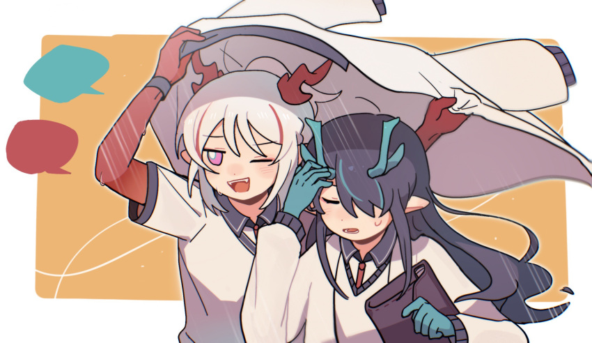 2girls ;d arknights arms_up black_hair blank_speech_bubble blue_hair collared_shirt dusk_(arknights) grey_hair hair_over_one_eye highres holding holding_clothes holding_jacket improvised_umbrella jacket long_hair long_sleeves multicolored_hair multiple_girls nian_(arknights) one_eye_closed open_clothes open_jacket orange_background pointy_ears puffy_long_sleeves puffy_sleeves purple_eyes red_hair school_briefcase school_uniform shirt sifeizui smile speech_bubble streaked_hair sweat sweater_vest two-tone_background very_long_hair white_background white_shirt