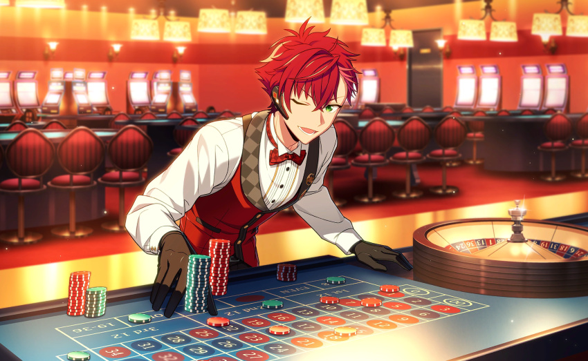 1boy black_gloves bow bowtie buttons casino chair cowboy_shot gloves green_eyes happy_elements helios_rising_heroes highres indoors long_sleeves looking_at_viewer lower_teeth_only male_focus official_art one_eye_closed open_mouth otori_akira poker_chip red_bow red_bowtie red_hair red_vest shirt short_hair solo teeth third-party_source vest white_shirt