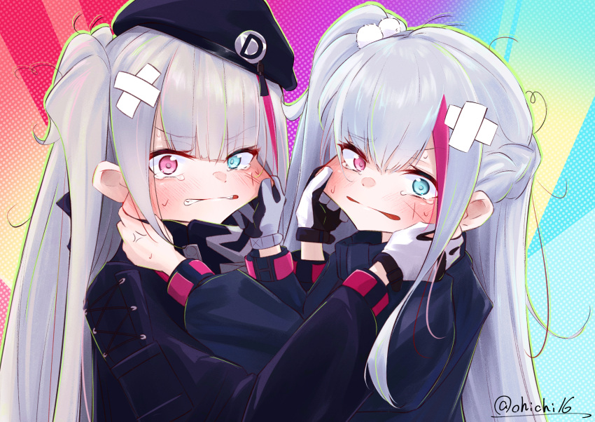 2girls aqua_eyes bandaid bandaid_on_face beret black_gloves black_headwear black_jacket catfight crossed_bandaids girls'_frontline girls'_frontline_neural_cloud gloves grey_hair hat heterochromia highres jacket kuro_(girls'_frontline_nc) long_hair long_sleeves mdr_(girls'_frontline) multicolored_hair multiple_girls ohichi16 purple_eyes purple_hair side_ponytail single_glove streaked_hair tactical_clothes two-tone_gloves white_gloves