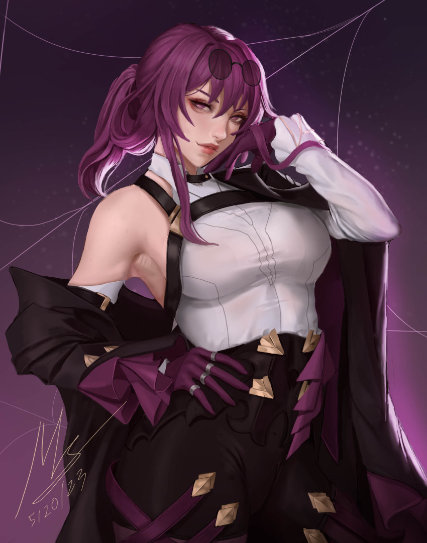 1girl absurdres black_jacket breasts dated eyewear_on_head gloves gradient_background hand_on_own_hip highres honkai:_star_rail honkai_(series) jacket kafka_(honkai:_star_rail) large_breasts lips long_hair long_jacket looking_at_viewer meister_staze purple_background purple_eyes purple_gloves purple_hair round_eyewear shirt single-shoulder_shirt solo sunglasses white_shirt