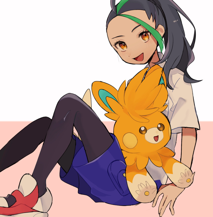 1girl :d black_hair blush brown_eyes commentary_request eyelashes green_hair happy highres long_hair multicolored_hair nemona_(pokemon) on_lap open_mouth pantyhose pawmot pokemon pokemon_(creature) pokemon_(game) pokemon_on_lap pokemon_sv ponytail purple_shorts shirt shoes short_sleeves shorts sitting smile two-tone_background two-tone_hair ukocome