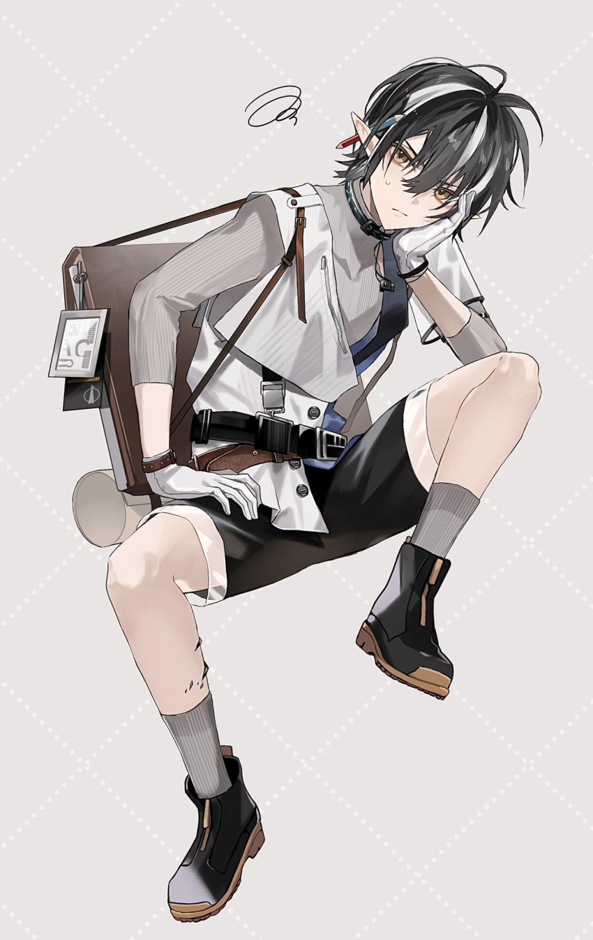 1boy ankle_boots antenna_hair argyle argyle_background arknights belt black_footwear black_hair black_shorts boots briefcase commentary frown gloves grey_background grey_socks grey_sweater highres hishoti_cheese id_card infection_monitor_(arknights) jacket looking_at_viewer male_focus minimalist_(arknights) multicolored_hair oripathy_lesion_(arknights) pointy_ears rolled_up_paper short_hair shorts simple_background socks solo spread_legs streaked_hair sweat sweater white_gloves white_hair white_jacket yellow_eyes