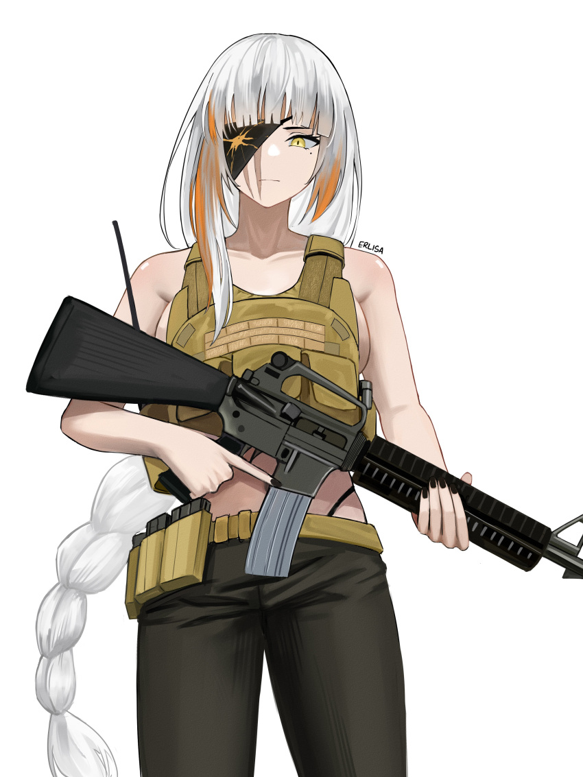 1girl absurdres assault_rifle black_nails breasts chest_rig erlisa_takanashi eyepatch girls'_frontline green_pants gun highres looking_down m16 m16a1 m16a1_(boss)_(girls'_frontline) m16a1_(girls'_frontline) magazine_(weapon) multicolored_hair pants rifle solo streaked_hair trigger_discipline weapon white_background white_hair yellow_eyes