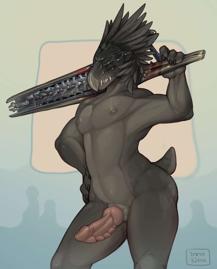 absurd_res alien animal_genitalia anthro beak front_view genital_slit genitals grey_body halo_(series) hand_on_hip head_feathers hi_res holding_object holding_weapon inno-sjoa kig-yar male microsoft nude scalie sharp_teeth slit smile solo standing teeth weapon xbox_game_studios