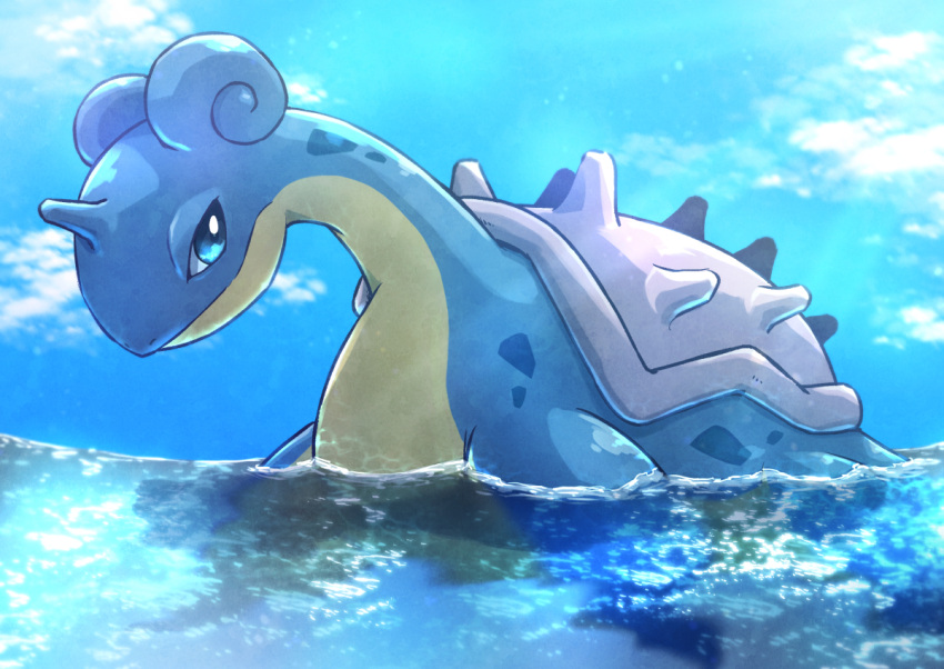 afloat blue_eyes blue_sky bright_pupils cloud day flippers from_side horns kotobukkii_(yt_lvlv) lapras looking_at_viewer no_humans pokemon pokemon_(creature) shell single_horn sky solo swimming water white_pupils