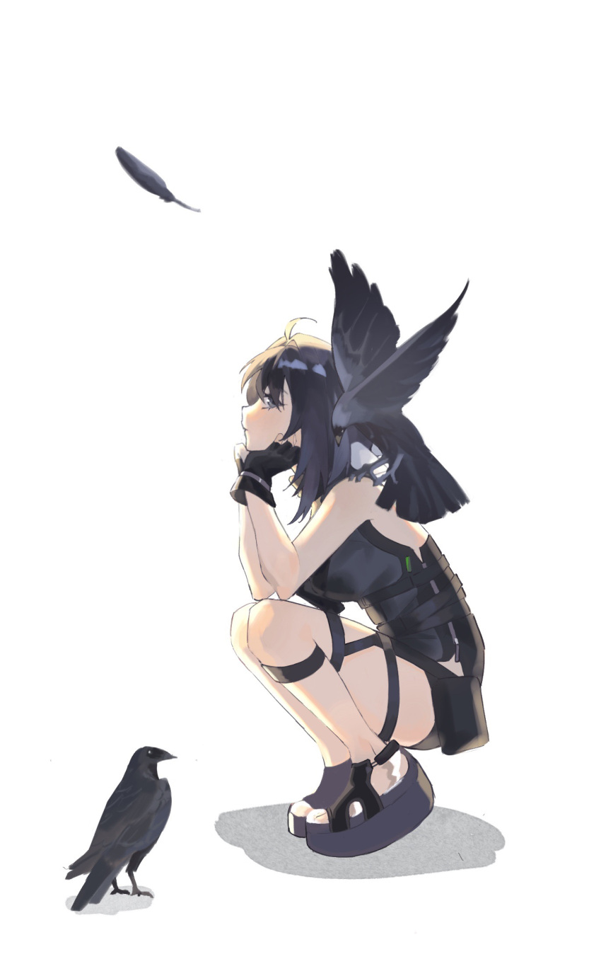 1girl animal_on_shoulder arknights bare_shoulders bird bird_on_shoulder black_gloves black_hair black_shirt crow feathers fingerless_gloves from_side full_body glance gloves gy0523shiver head_rest highres la_pluma_(arknights) looking_at_viewer medium_hair profile shadow shirt sideways simple_background sleeveless sleeveless_shirt solo squatting white_background