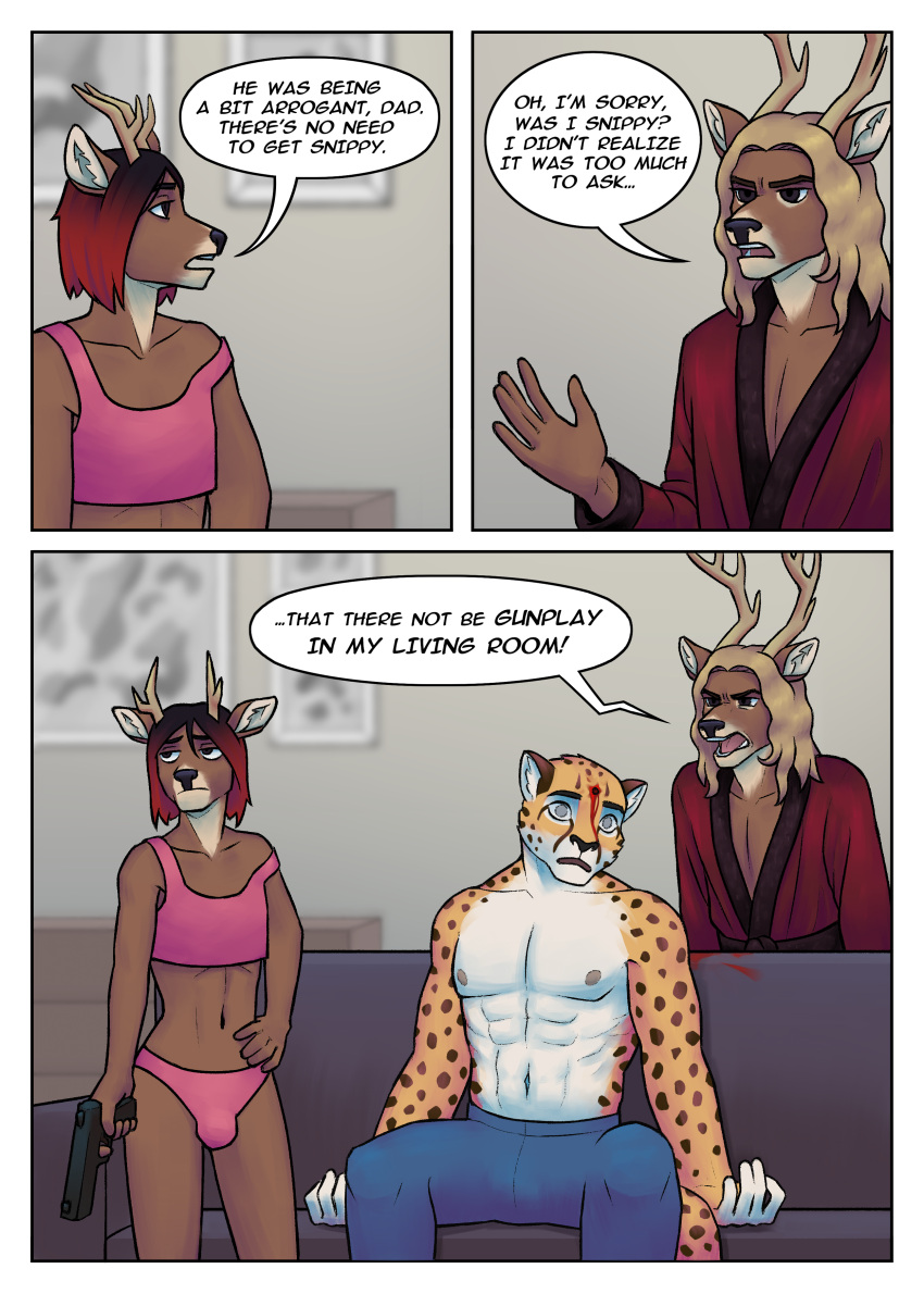 absurd_res alfredo_reyundo_(li'l_melon) angry anthro antlers blood bodily_fluids brown_body brown_fur bulge bullet_wound cheetah clothed clothing comic corpse crop_top david_reyundo_(li'l_melon) dead_eyes death deer dialogue english_text eye_roll father_(lore) father_and_child_(lore) father_and_son_(lore) felid feline fur girly group gun hair hand_on_hip handgun hi_res horn lawsonia long_hair looking_away male mammal mature_anthro mature_male muscular muscular_anthro muscular_male navel off_shoulder panties parent_(lore) parent_and_child_(lore) parent_and_son_(lore) pistol ranged_weapon red_hair robe shirt shirtless slim son_(lore) speech_bubble strays_in_paradise text topwear trio underwear wavy_hair weapon yelling young young_male