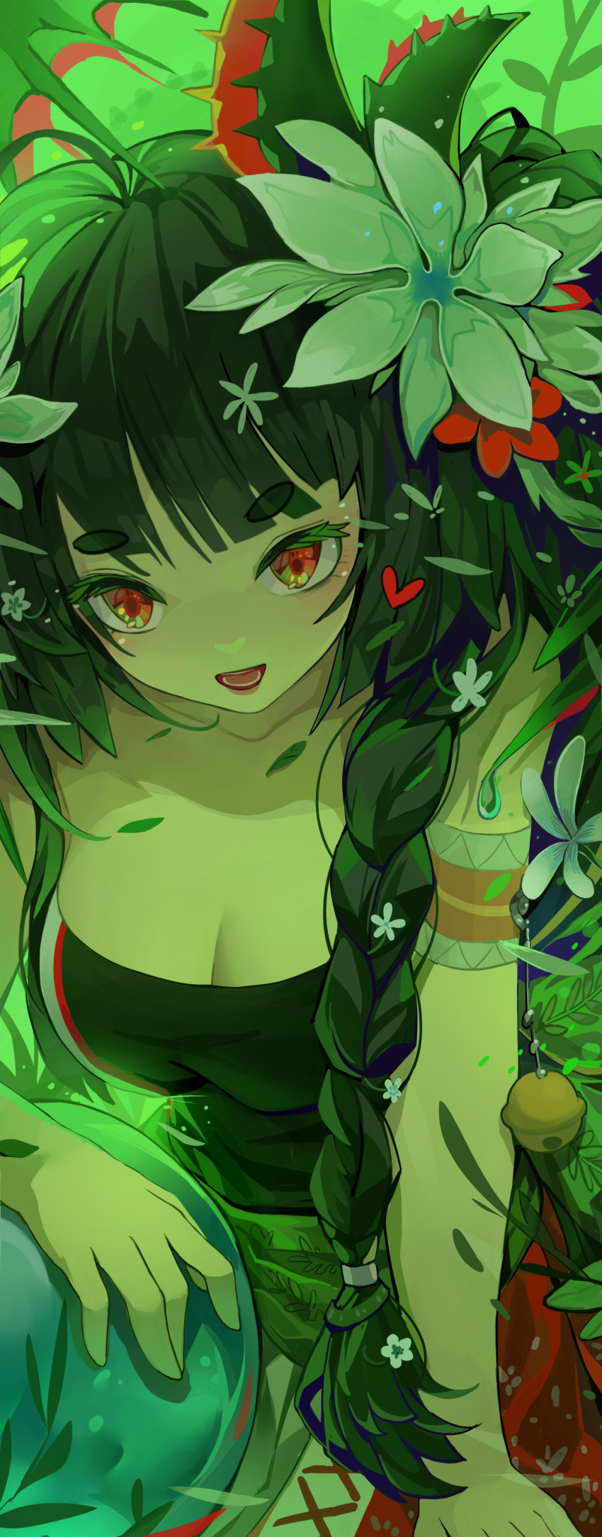 1girl absurdres armlet black_hair braid breasts cleavage duel_monster flower green_theme hair_flower hair_ornament highres long_hair mamayu open_mouth red_eyes single_braid skirt solo traptrix_dionaea twintails very_long_hair yu-gi-oh!