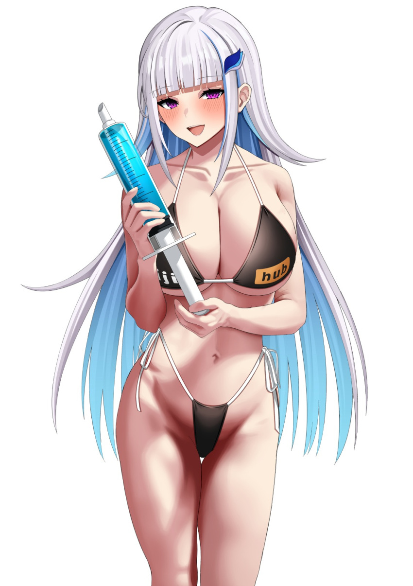 1girl :d bikini black_bikini blue_hair blunt_bangs blush brand_name_imitation breasts cleavage collarbone colored_inner_hair groin hair_ornament highleg highleg_bikini highres holding holding_syringe large_breasts large_syringe lize_helesta long_hair looking_at_viewer meme multicolored_hair navel nijihub_(meme) nijisanji open_mouth oversized_object pornhub purple_eyes ryou_(ryoutarou) simple_background smile solo stomach swimsuit syringe thigh_gap two-tone_hair very_long_hair virtual_youtuber white_background white_hair