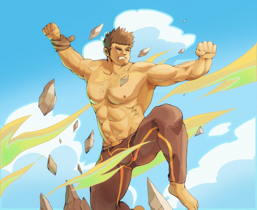 1boy abs absurdres bara brown_hair bulge debris eru_(eruprior) facial_hair foot_out_of_frame frown goatee goatee_stubble highres large_pectorals leg_up long_sideburns looking_to_the_side male_focus muscular muscular_male nipples outstretched_arms pants pectorals short_hair sideburns solo sparse_chest_hair spread_arms strongman_waist takabushi_kengo thick_eyebrows thighs tokyo_afterschool_summoners topless_male