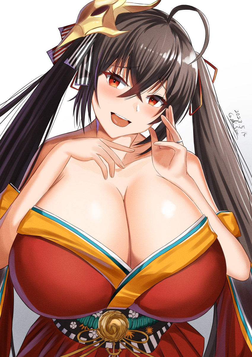 1girl absurdres ahoge azur_lane bare_shoulders bird_mask black_hair blush bow breasts cleavage collarbone crossed_bangs fingernails gekisum hair_bow hair_ribbon highres huge_breasts japanese_clothes jewelry kimono long_hair looking_at_viewer mask mask_on_head open_mouth red_eyes red_kimono red_ribbon ribbon ring sash solo striped striped_bow taihou_(azur_lane) teeth tongue twintails upper_teeth_only very_long_hair wedding_ring