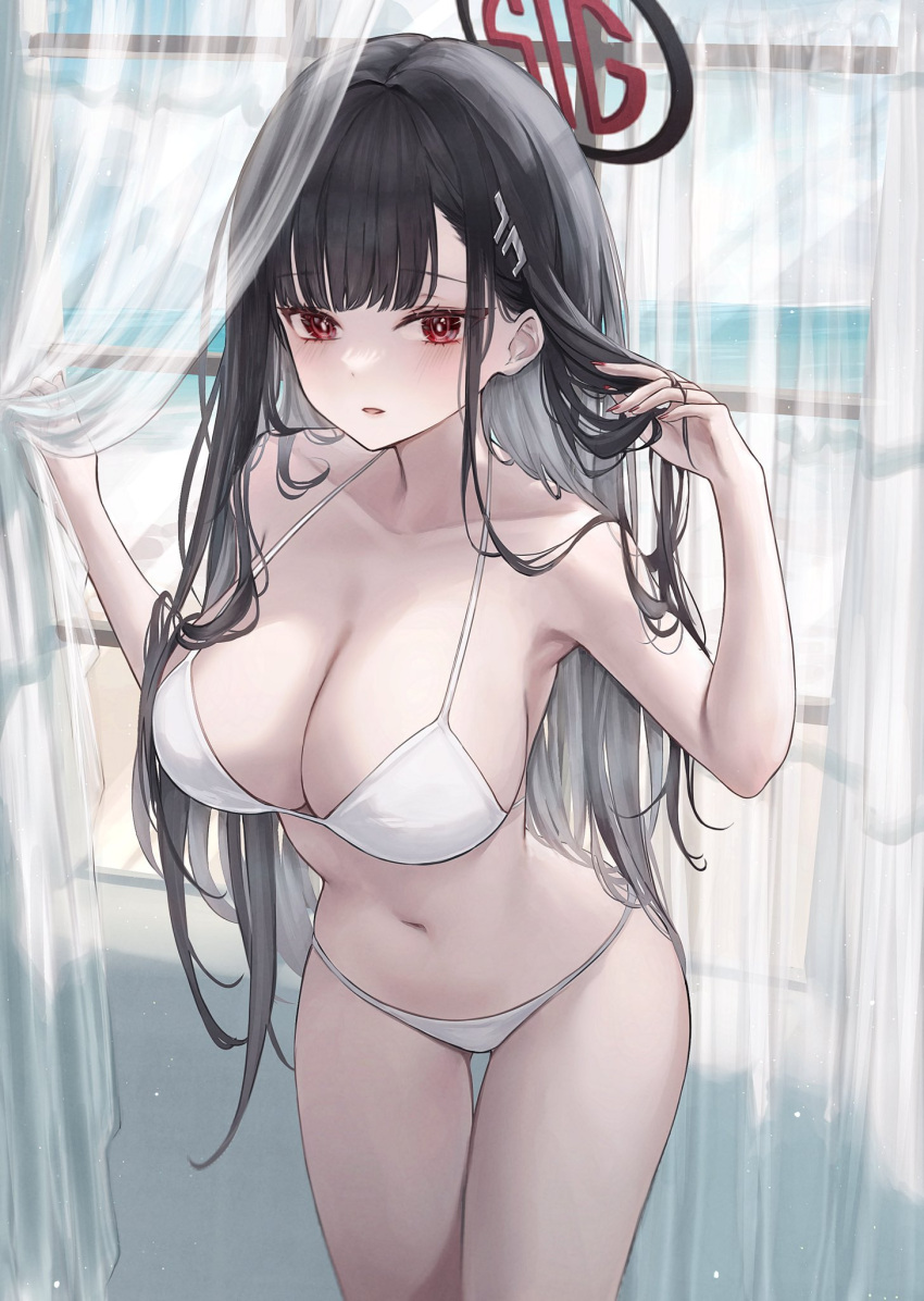 1girl adjusting_hair at_congju bikini black_hair blue_archive blunt_bangs breasts bright_pupils cleavage cowboy_shot hair_ornament hairclip halo highres large_breasts long_hair navel parted_lips red_eyes rio_(blue_archive) solo swimsuit white_bikini