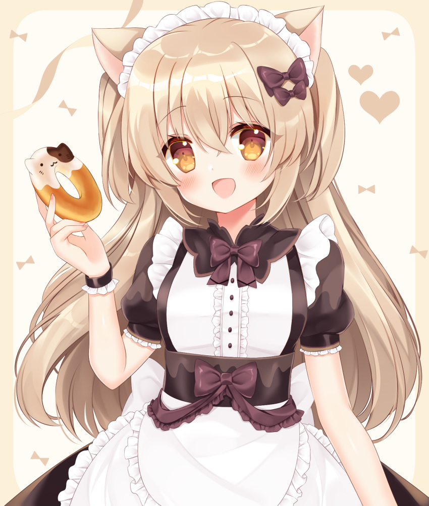1girl :d animal_ears apron black_dress blush bow brown_bow brown_eyes cat_ears center_frills doughnut dress food frilled_apron frills hair_between_eyes hair_bow hand_up highres holding holding_food light_brown_hair long_hair maid maid_headdress original puffy_short_sleeves puffy_sleeves shikito shirt short_sleeves smile solo two_side_up very_long_hair white_apron white_shirt wrist_cuffs