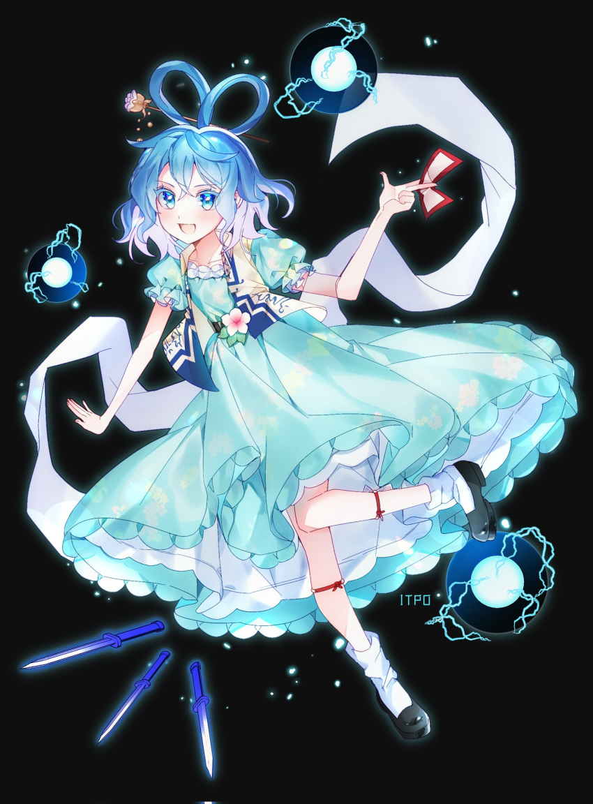 1girl :d aqua_dress black_background black_footwear blue_eyes blue_hair commentary dress flower full_body hair_ribbon highres j_(ppxx3543) kaku_seiga looking_at_viewer ofuda open_mouth pink_flower ribbon short_hair short_sleeves simple_background smile socks solo touhou vest white_socks white_vest