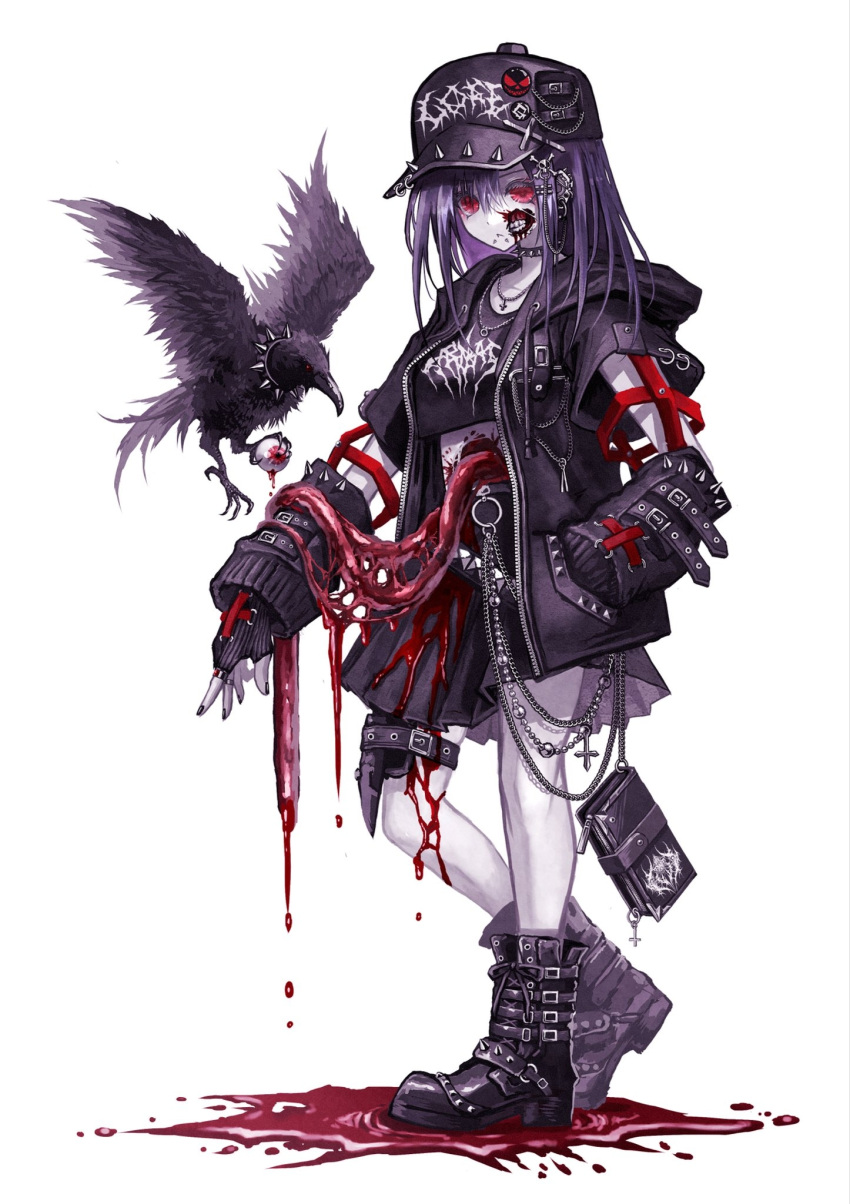 1girl :&lt; baseball_cap bird blood boots collar commentary_request crow ear_piercing earrings eyeball fingerless_gloves full_body glasgow_smile gloves guro hair_ornament hand_in_pocket hat highres intestines jacket jewelry midriff nail_polish necklace original pale_skin piercing purple_hair red_eyes skirt skull_hair_ornament solo spiked_collar spikes standing teeth white_background yu-ki_iwata