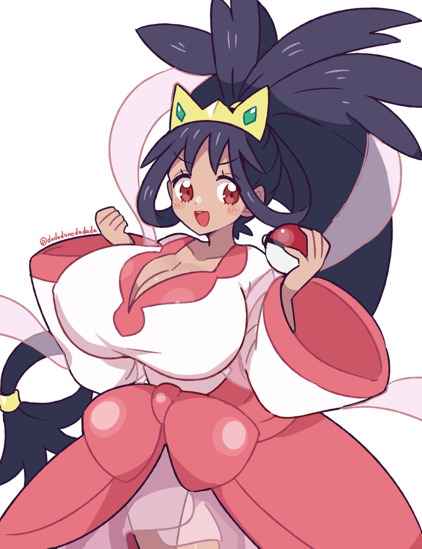 1girl :d absurdres adapted_costume alternate_breast_size big_hair black_hair blush bow breasts cleavage clenched_hand commentary cowboy_shot dadadanoda dark-skinned_female dark_skin dress gem green_gemstone hair_rings highres holding holding_poke_ball huge_breasts iris_(pokemon) long_hair low-tied_long_hair official_alternate_costume open_mouth pink_bow pink_dress poke_ball poke_ball_(basic) pokemon pokemon_(game) pokemon_bw2 red_eyes simple_background smile solo teeth tiara twitter_username two-tone_dress upper_teeth_only very_long_hair w_arms waist_bow white_background white_dress wide_sleeves