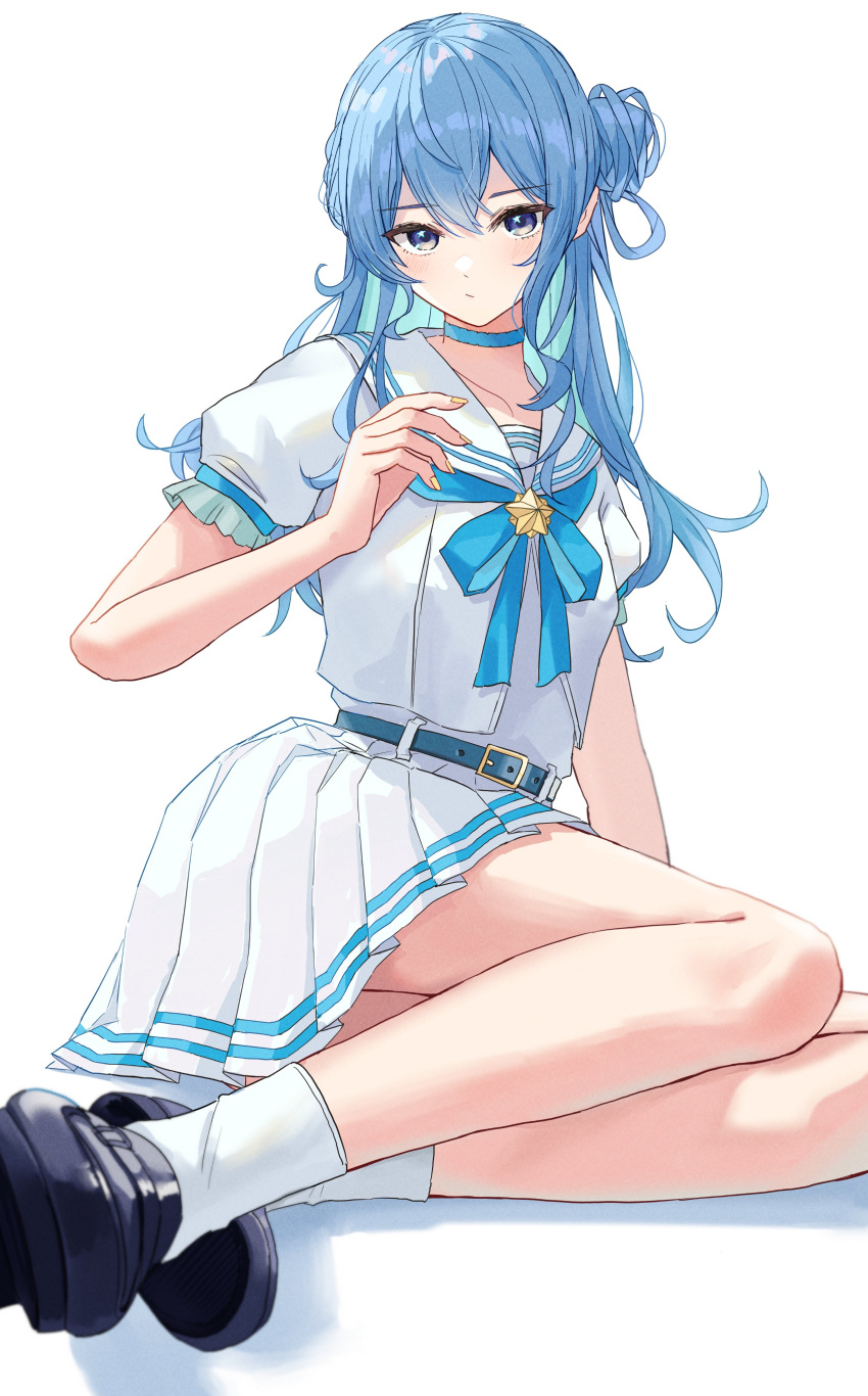 1girl absurdres belt black_footwear blue_belt blue_bow blue_bowtie blue_choker blue_hair blush bow bowtie choker closed_mouth collar collarbone collared_shirt frilled_sleeves frills hair_bun highres hololive hoshimachi_suisei hoshimachi_suisei_(4th_costume) loafers long_hair looking_at_viewer multicolored_eyes multicolored_hair sailor_collar shirt shoes short_sleeves simple_background single_hair_bun sitting skirt socks solo tagosaku_(tatsukiuma0329) two-tone_hair white_background white_collar white_sailor_collar white_shirt white_skirt white_socks