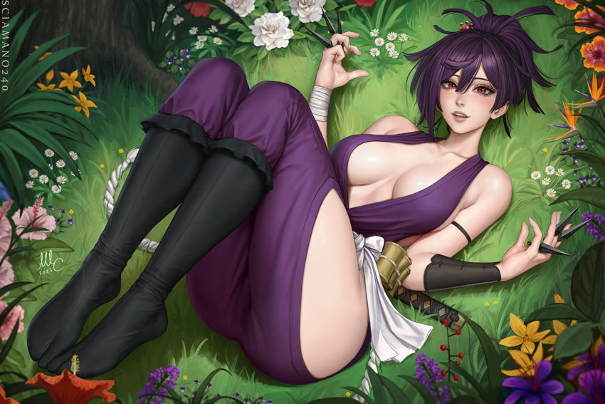 1girl ass bandages bare_hips bare_shoulders black_socks breasts cleavage feet flower grass hair_between_eyes japanese_clothes jigokuraku katana knees_up knife large_breasts legs legs_up looking_at_viewer lying messy_hair ninja ninjatou no_shoes on_back outdoors purple_hair red_eyes sash sciamano240 short_sword socks solo sword tabi thighs throwing_knife topknot tree weapon white_sash wrist_guards yuzuriha_(jigokuraku)