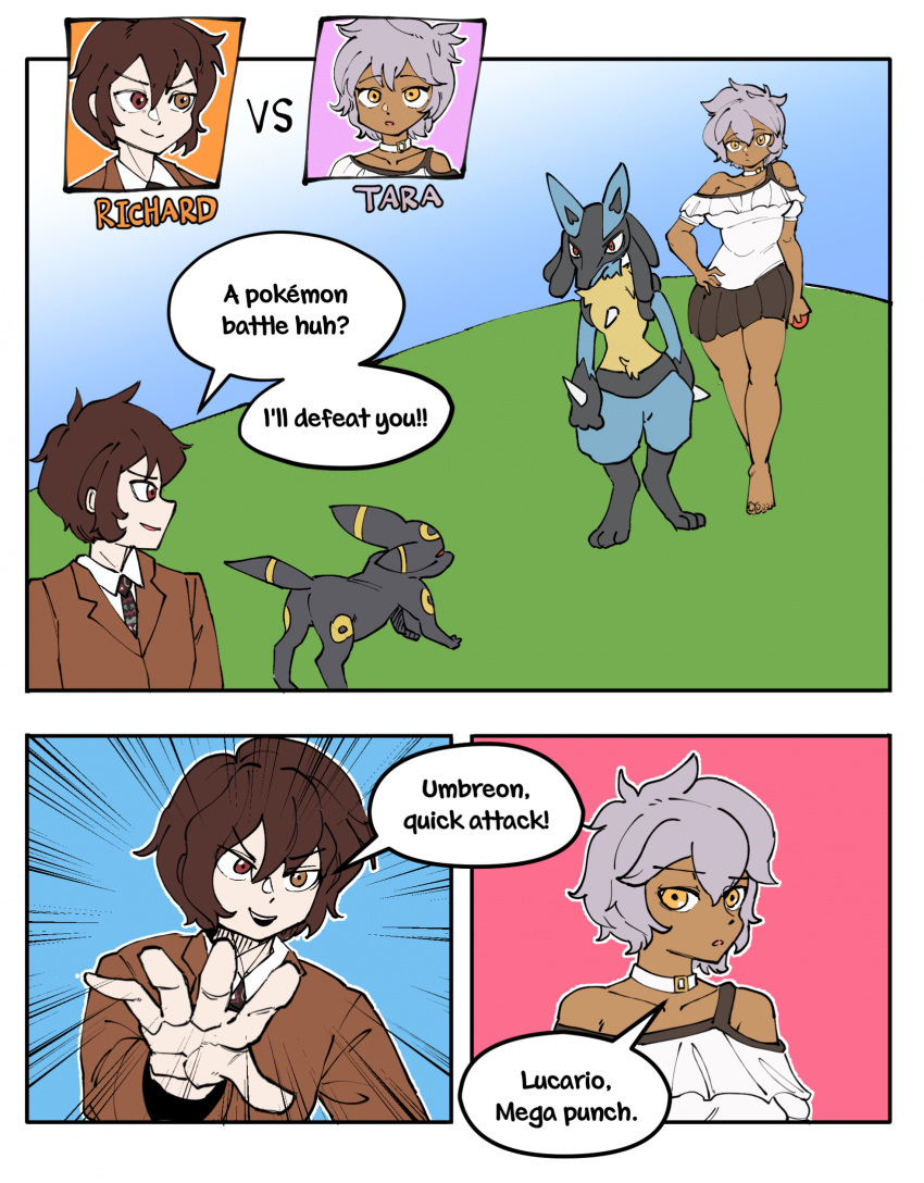 ambiguous_gender brown_eyes brown_hair clothed clothing colored comic dialogue eeveelution english_text female gender_transformation generation_2_pokemon generation_4_pokemon group hair hi_res human lucario male mammal mtf_transformation nintendo pokemon pokemon_(species) pokemon_battle pre-transformation species_transformation speech_bubble text transformation umbreon white_hair yellow_eyes zneazel